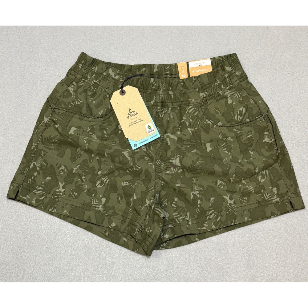 PRANA Halle E-Waist Short II Womens Size 2 Evergreen Camo 3in Inseam Hiking‎ NWT